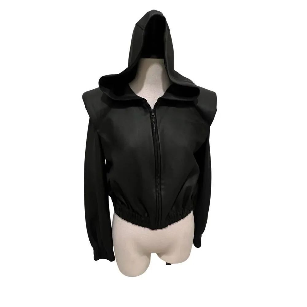 Zara Women's Faux Leather Coated Cropped Hooded Jacket Black Small